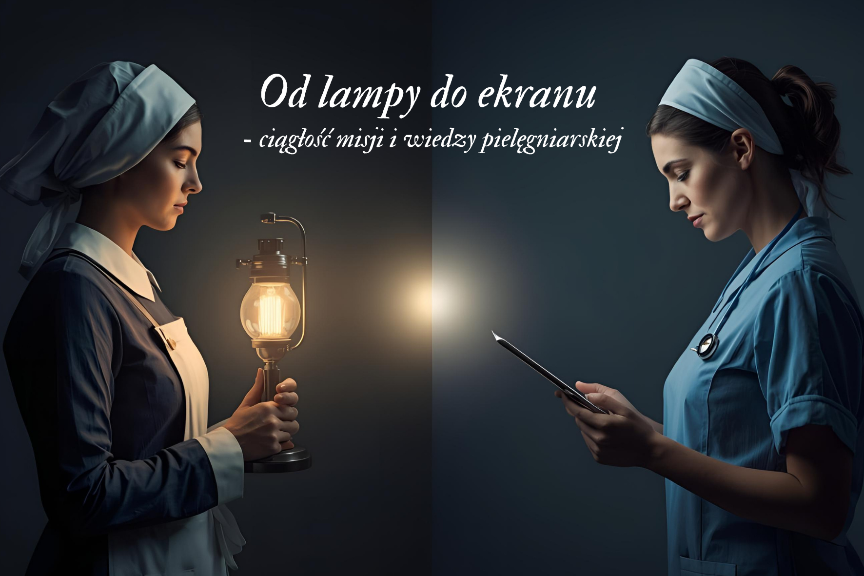 Grafika ukazuje dwie kobiety symbolizujące ewolucję pielęgniarstwa. Po lewej stronie znajduje się pielęgniarka w historycznym stroju, trzymająca lampę naftową, oświetlającą przestrzeń ciepłym światłem (stylizowana na Florence Nightingale). Po prawej stronie widoczna jest współczesna pielęgniarka w niebieskim uniformie, skupiona na ekranie tabletu. Między nimi przebiega linia podziału, symbolicznie łącząca przeszłość z teraźniejszością. Na górze widnieje napis: „Od lampy do ekranu – ciągłość misji i wiedzy pielęgniarskiej”.